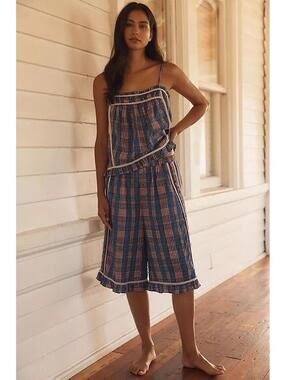 Anthropologie Blue and Peach Plaid Cotton Lounge Romper